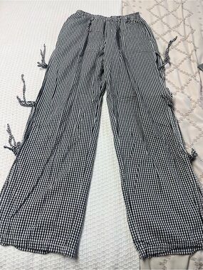 Cotton Black & White Gingham Wide Leg Tie-Detail Pants